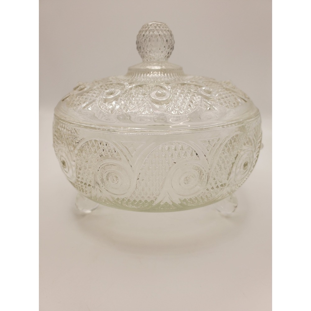 Vintage Avon 1970s Clear Pressed Glass 3-Footed Candy Dish Lid Swirl Diamond